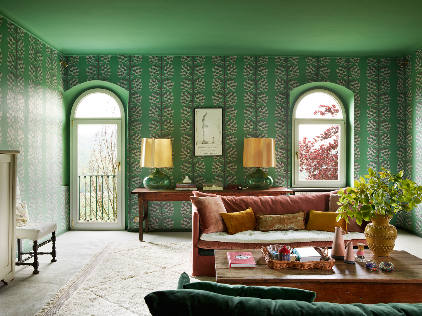 green floral wallpaper living room