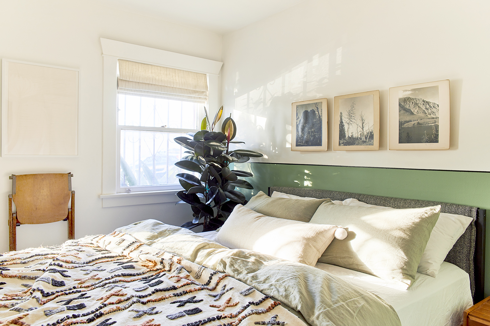 Bedroom with DIY upholstered headboard