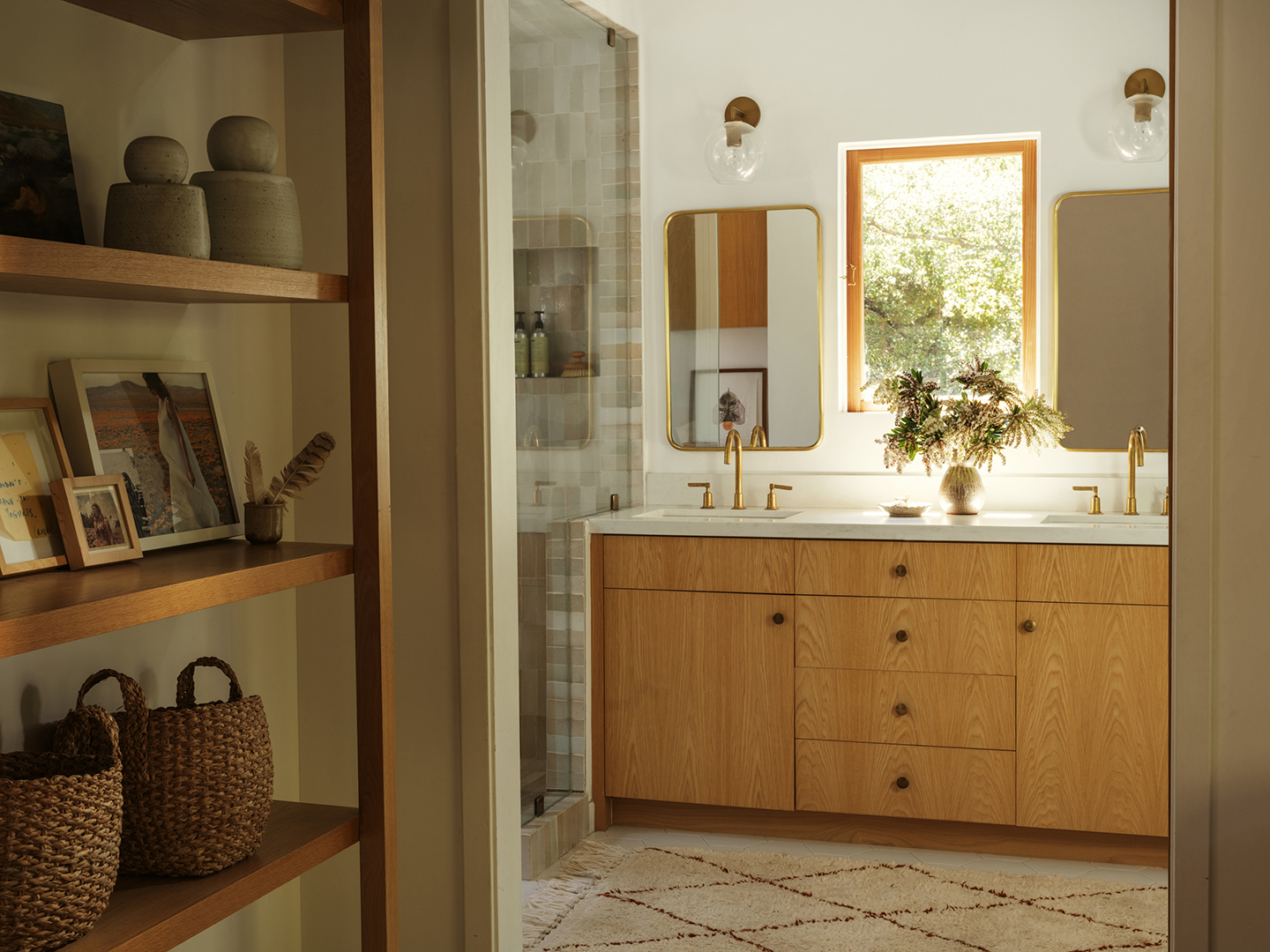 view into wood and white bathroom