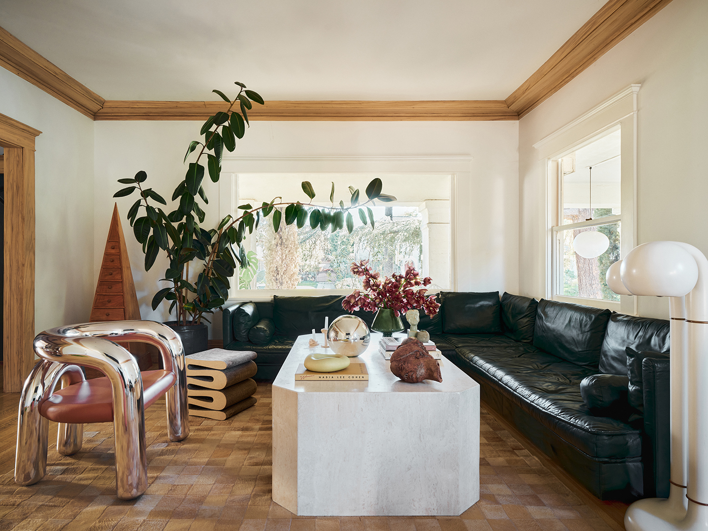 Living room with large L-shaped leather couch