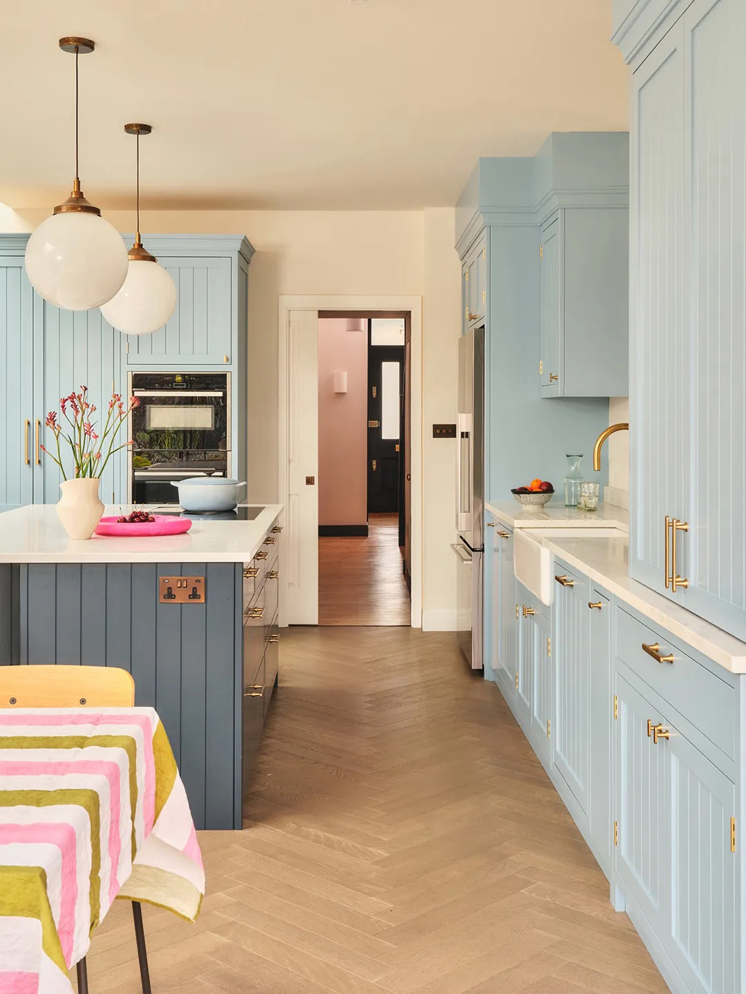 blue kitchen with beaded doors