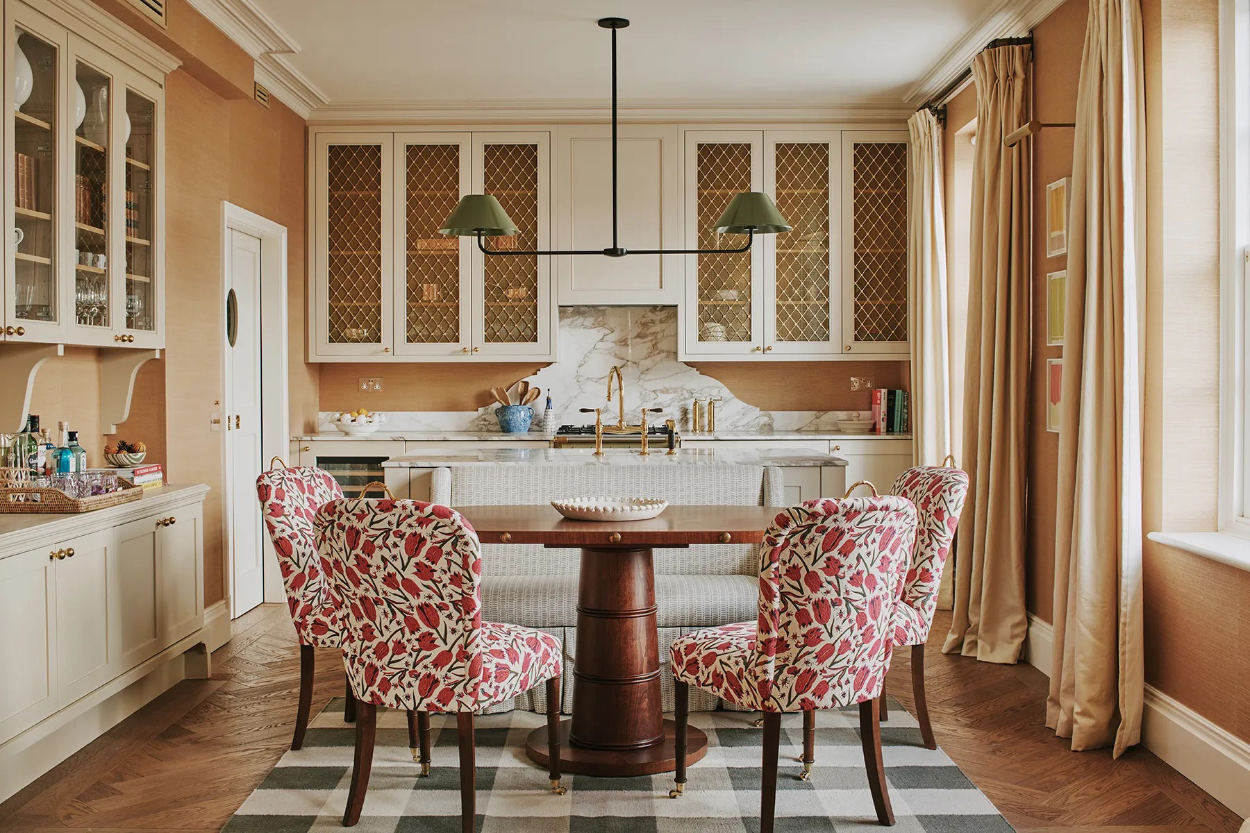 patterned chairs around kitchen table