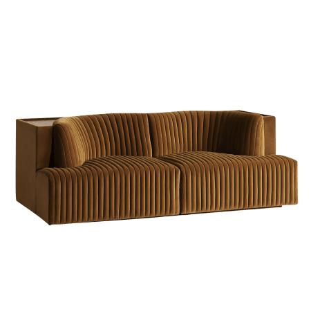  channel-tufted brown sofa with shelf