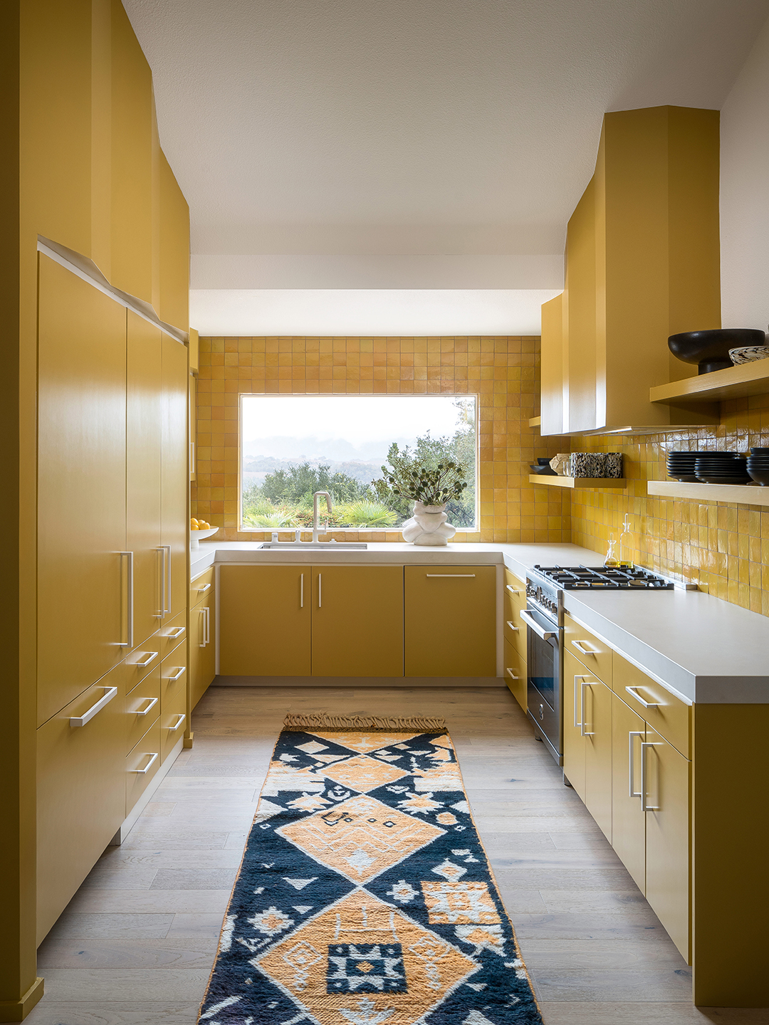 yellow kitchen with yellow runner