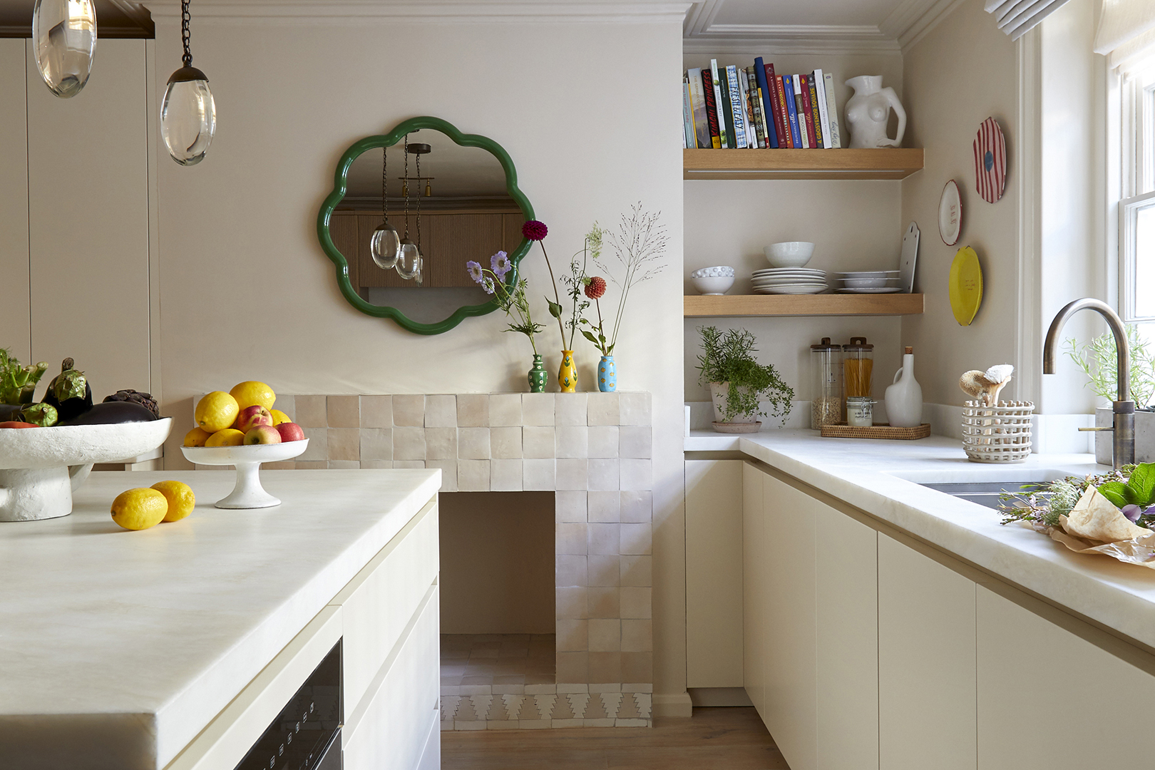 tiled fireplace in kitchen