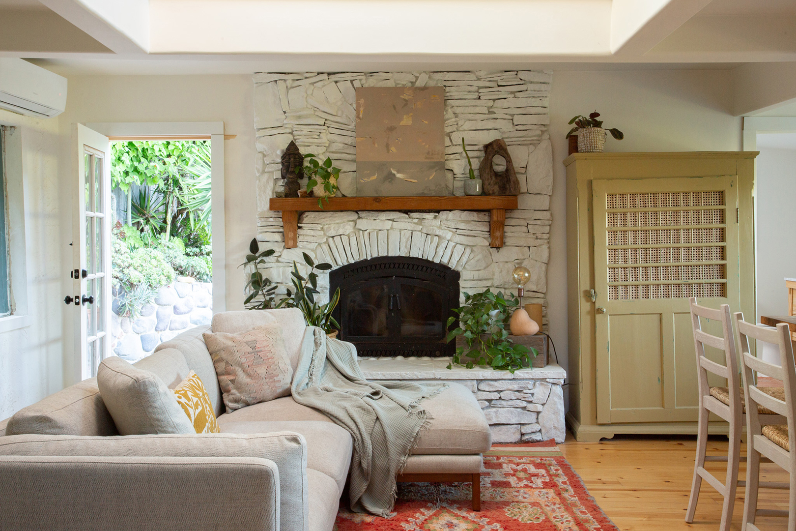 white brick living room fireplace