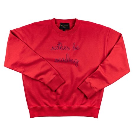  red sweatshirt with "rather be reading" embroidery