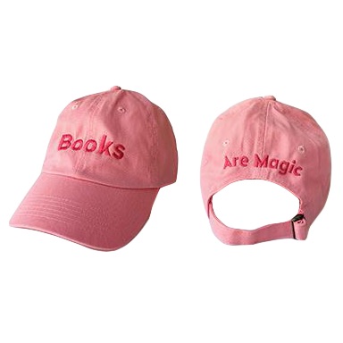  pink baseball hat that says "Books Are Magic"