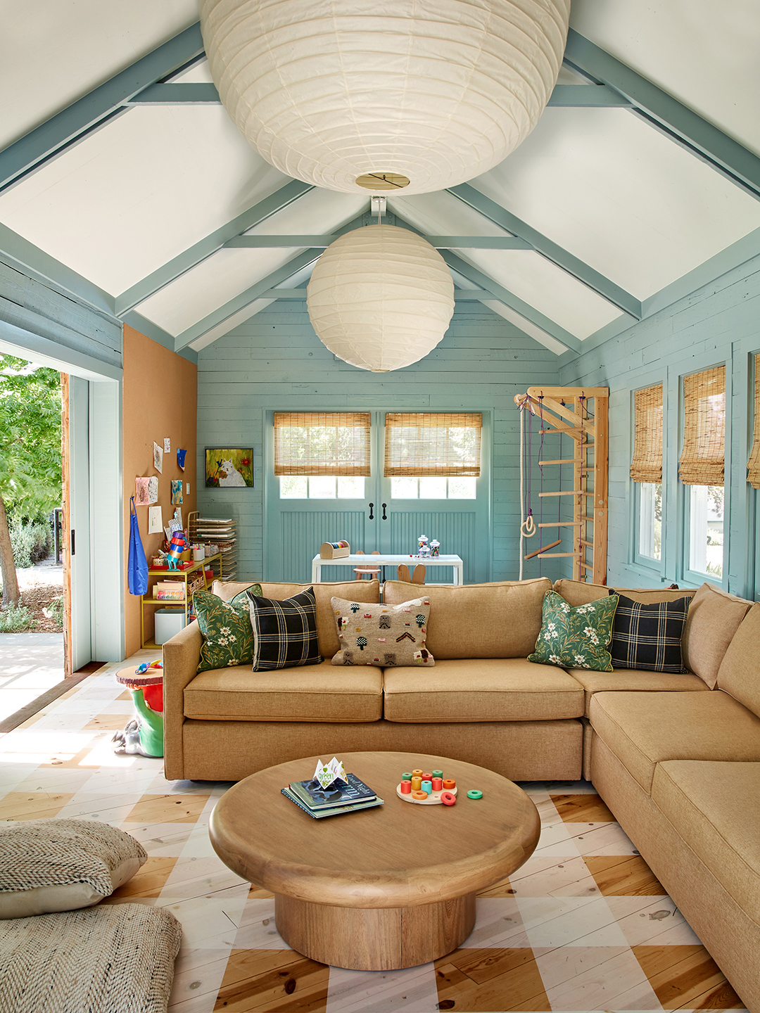 playroom with yellow sectional