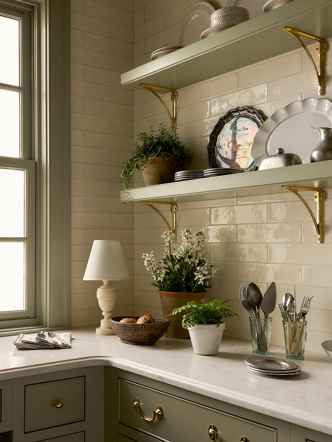 Open kitchen shelving.