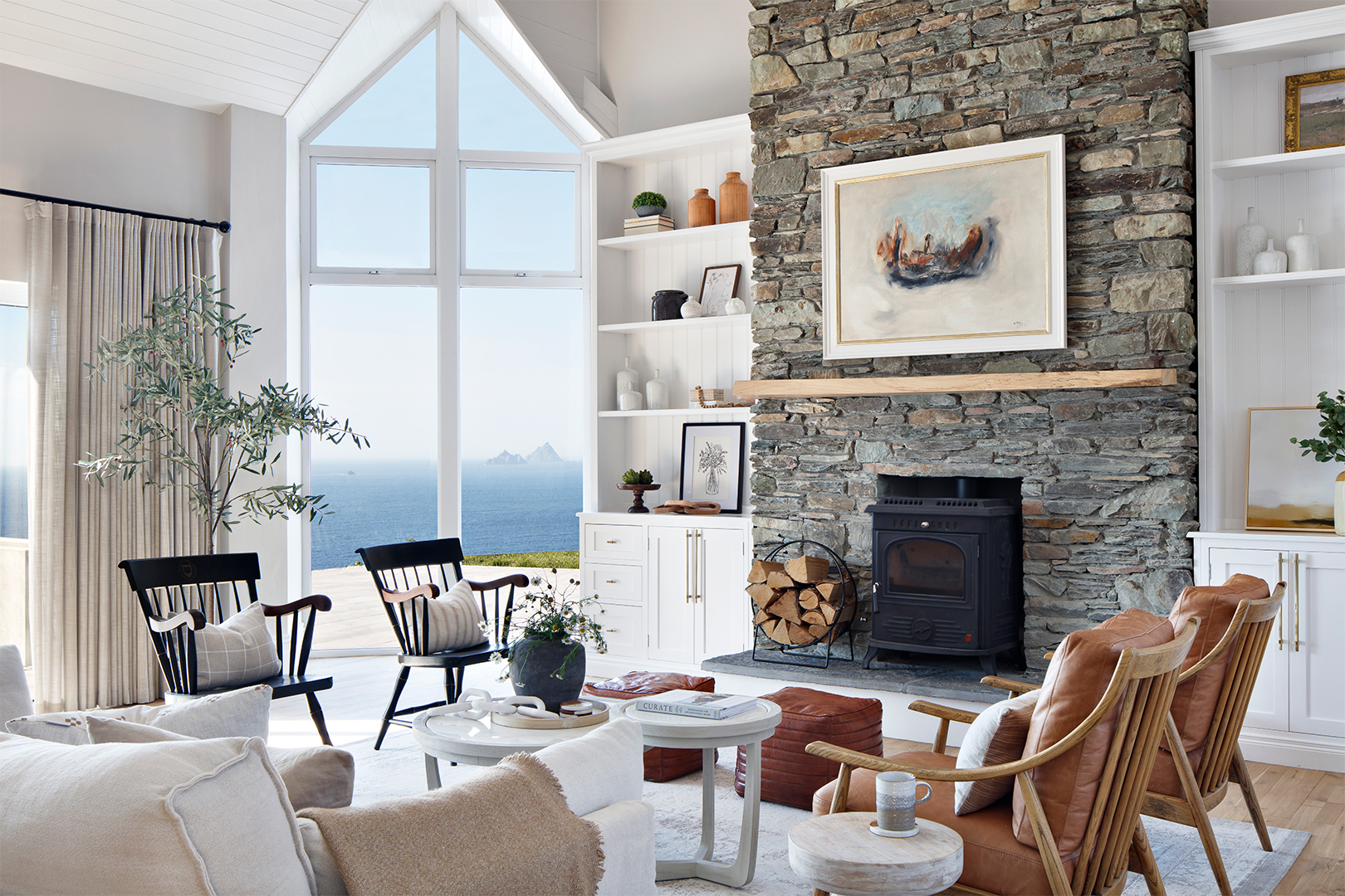 A open living room with ocean views.