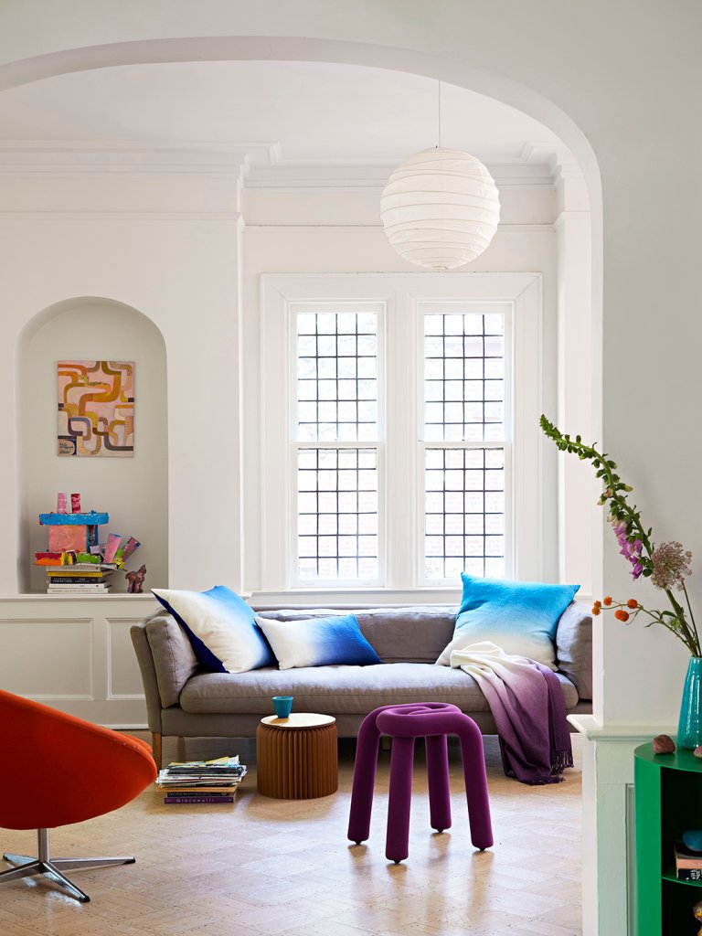 gray sofa with ombre pillows