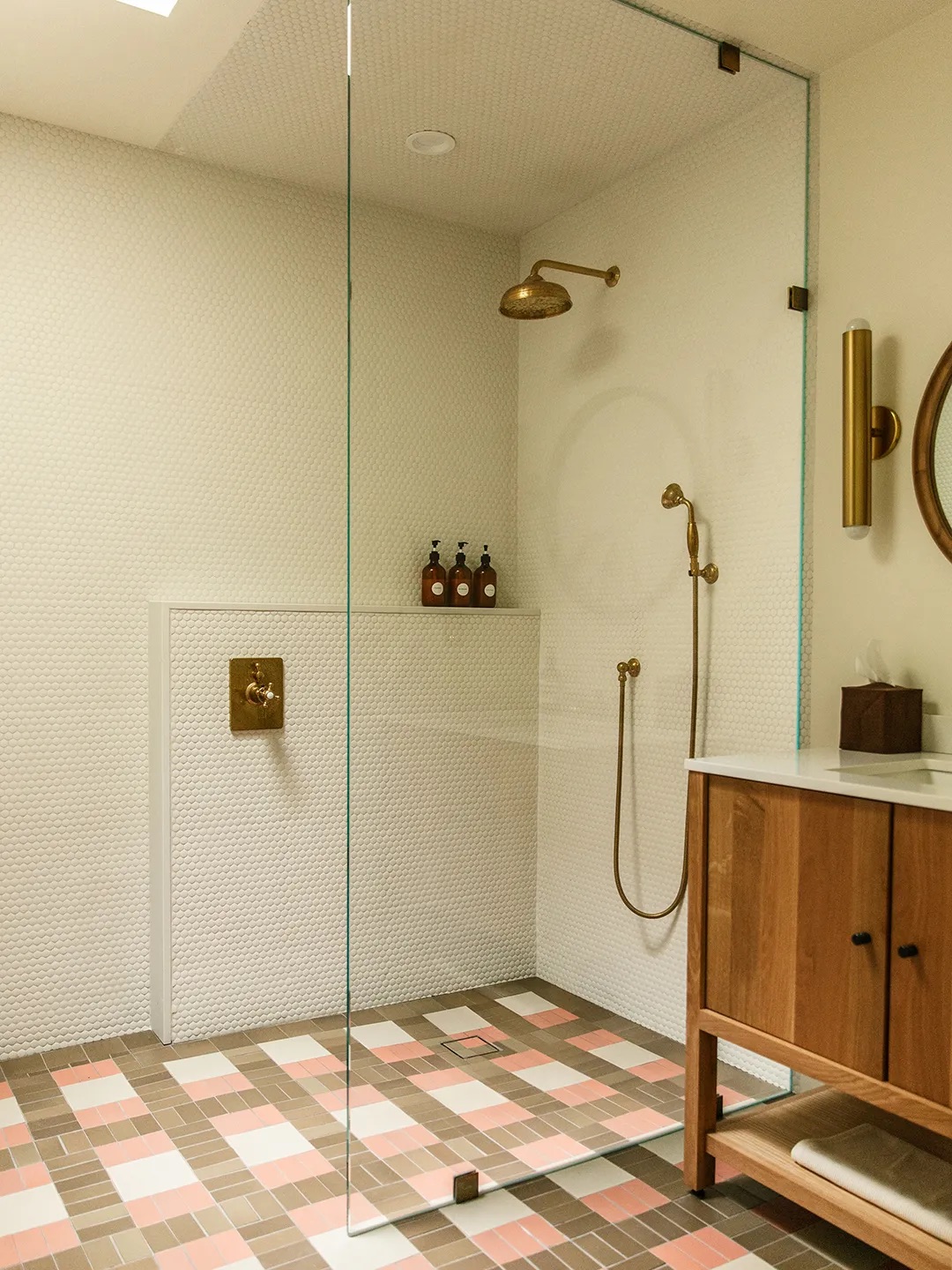 brown and pink bathroom floor