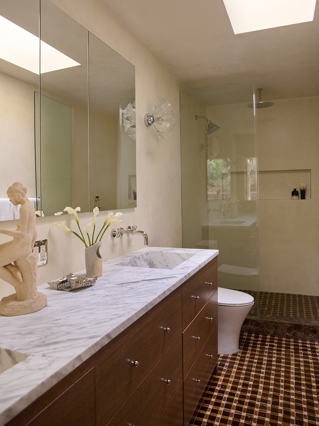 red plaid floor with white shower