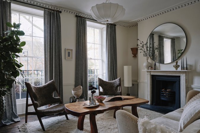 gray room with wood coffee table