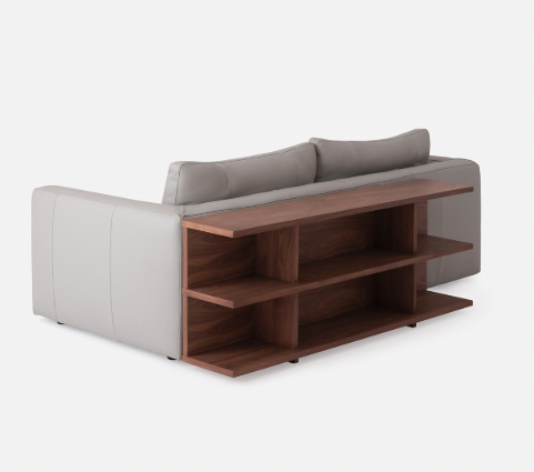  sofa with wood shelf behind