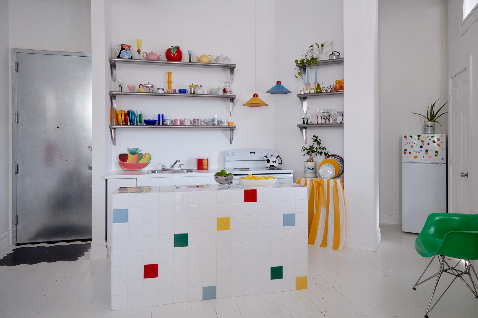 White kitchen with colorful accents