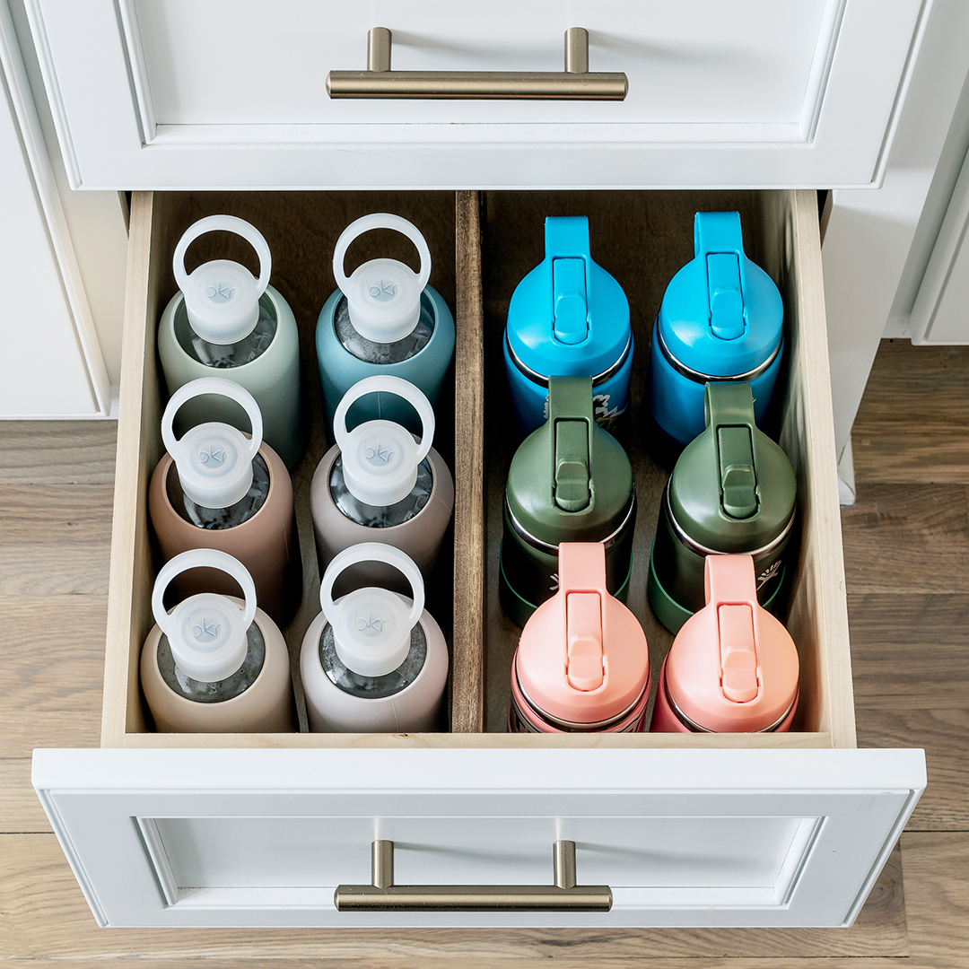 water bottles in a drawer