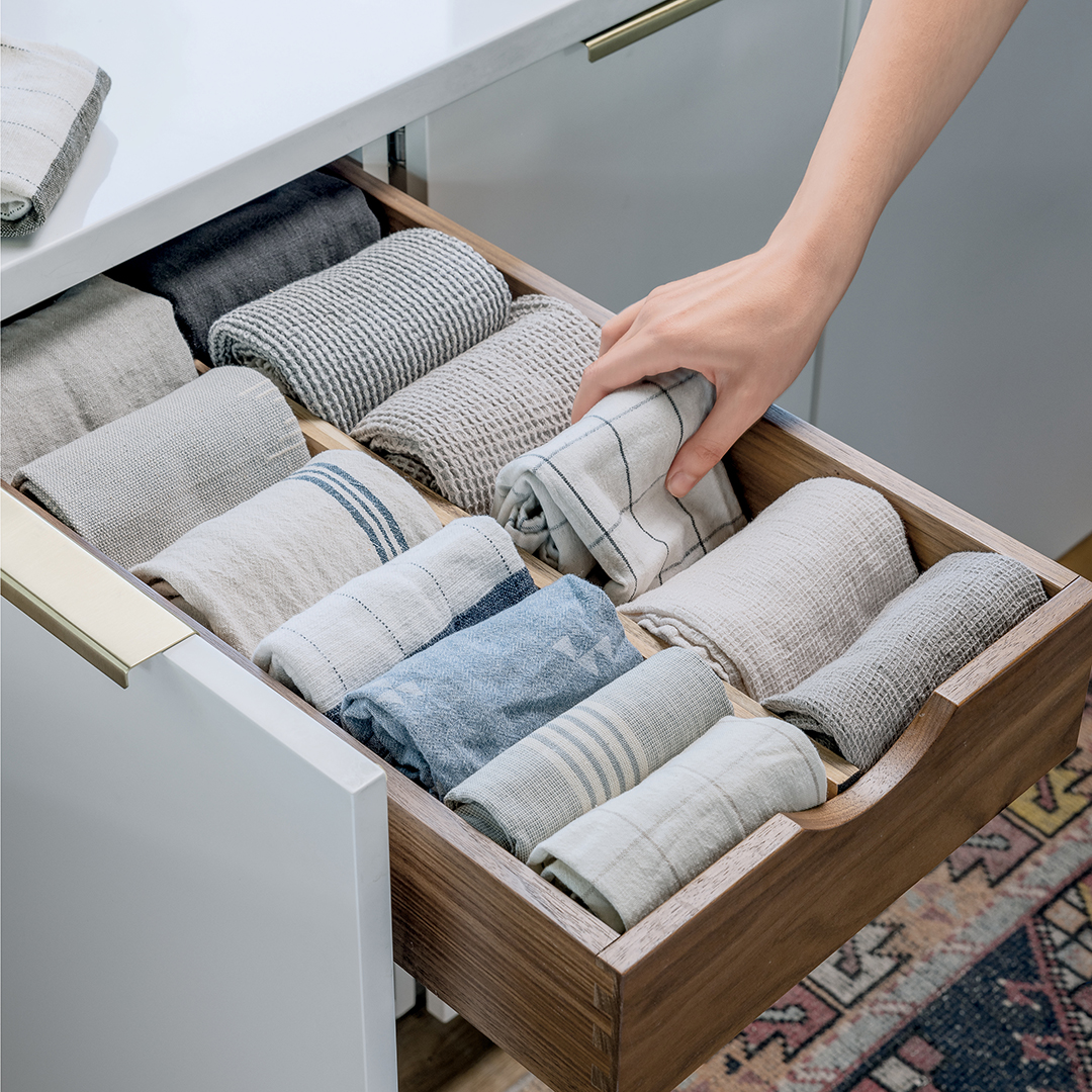 dish towels in a drawer