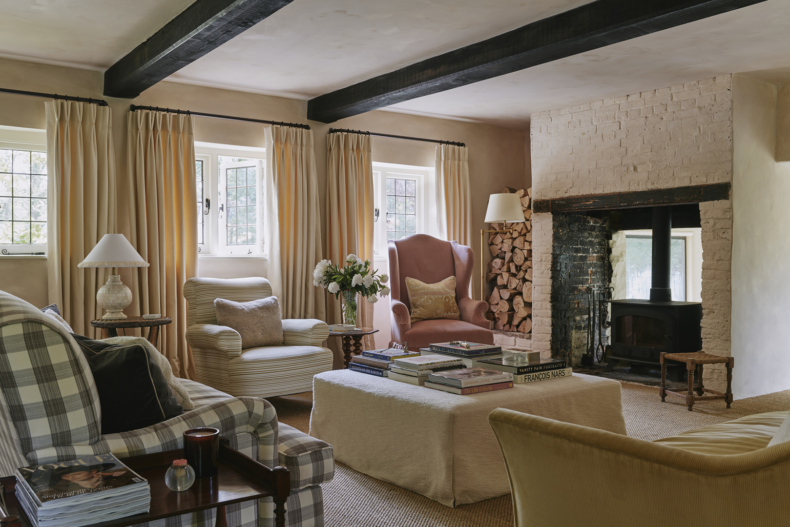 cozy living room with exposed beams