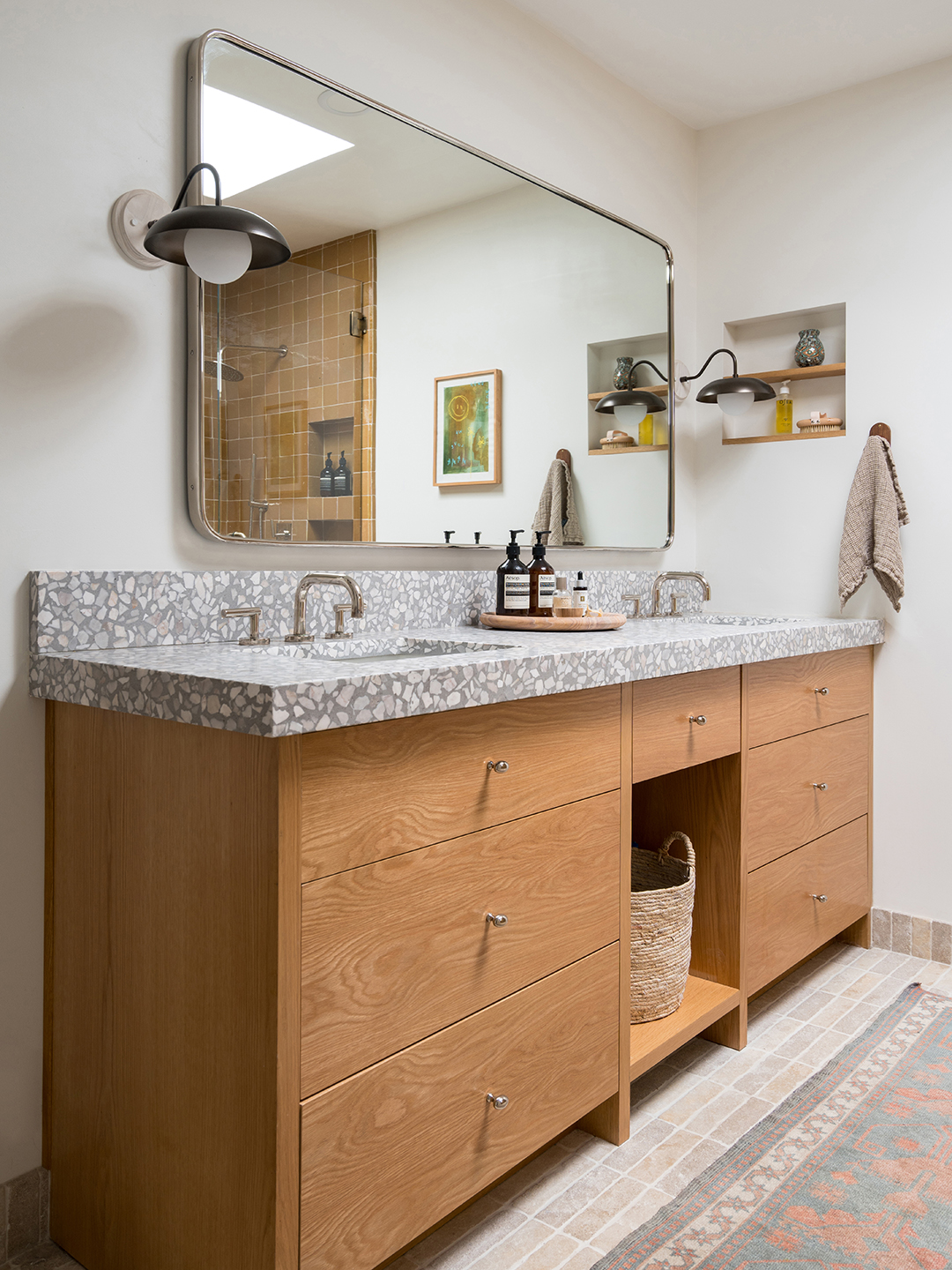 oak vanity with gray counter